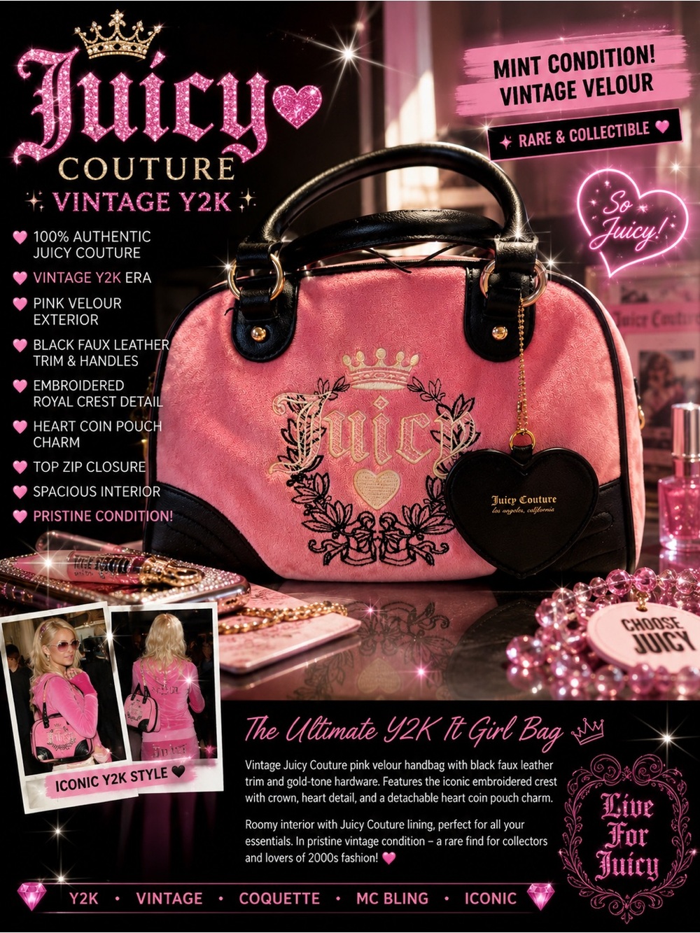 Vintage Juicy Couture Pink Velour Bowler Bag Y2K McBling Heart Charm EUC 💕